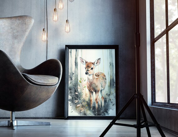 Watercolor Baby Deer Fawn Forest Cute Woodland Animal Nursery Poster