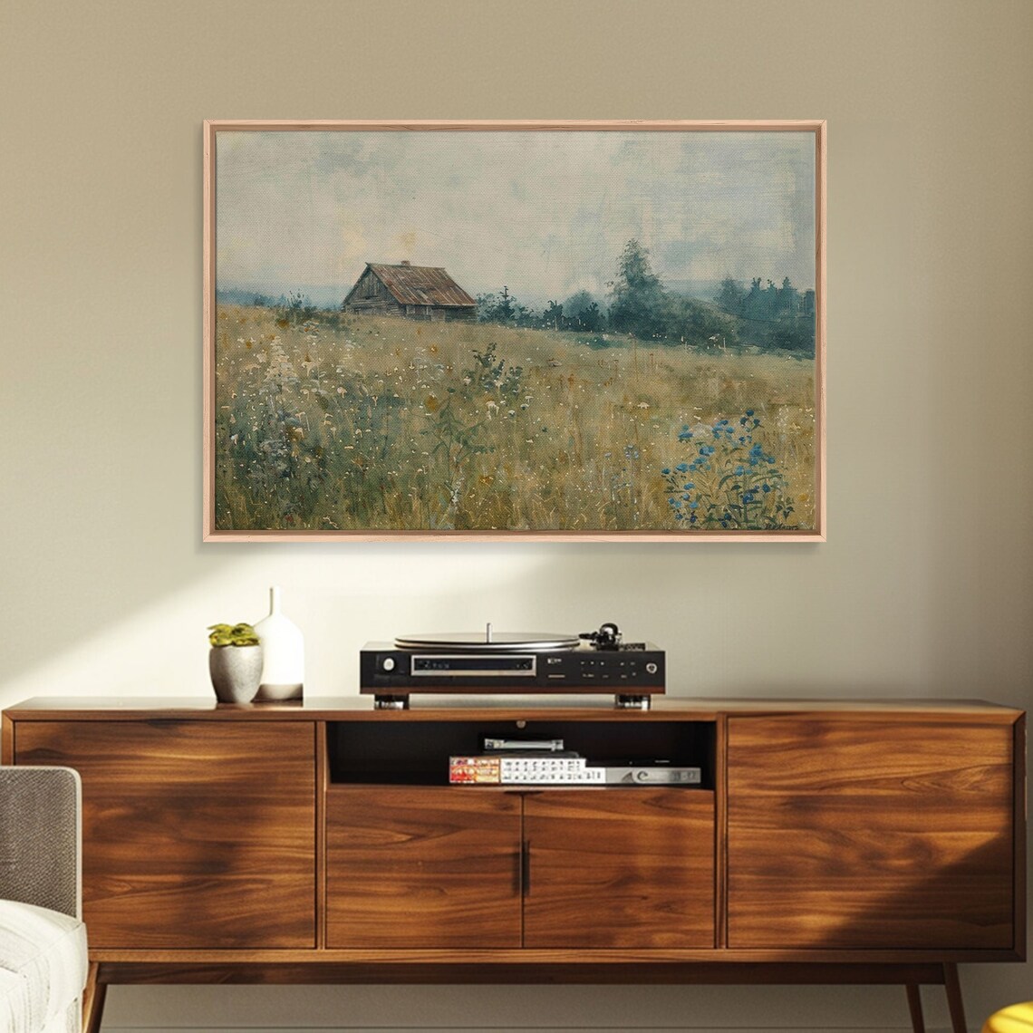 Misty Watercolor Barn Hilltop Wildflowers Quiet Morning Art Poster - Image 5