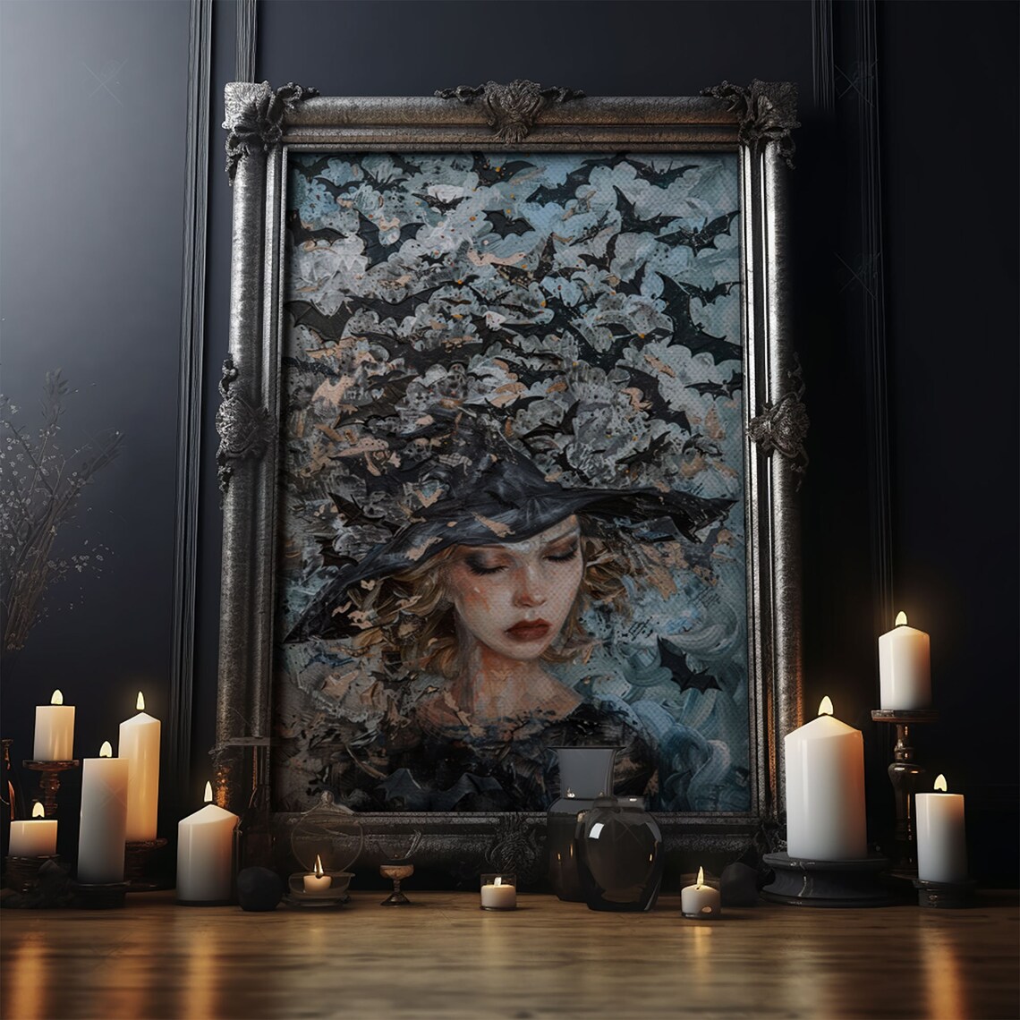 Witch In Bat Swarm Spooky Halloween Art Print - Image 5