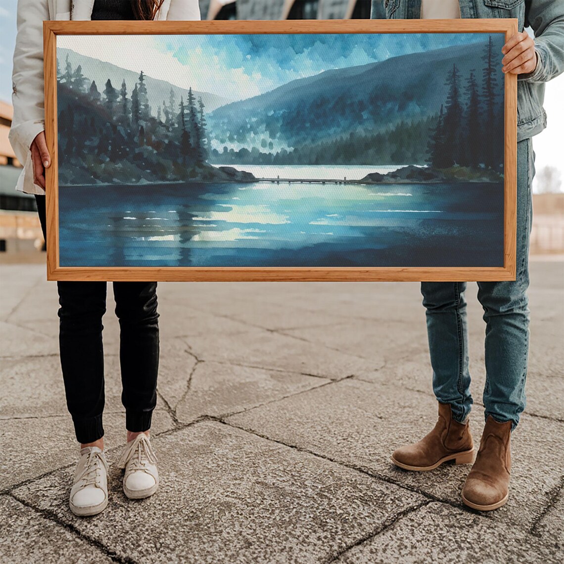 Mountain Lake Watercolor Teal Pines Misty Peaks Quiet Dock Wall Art - Image 5