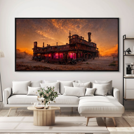 Dystopian Steampunk Wild West Mashup Abandoned Wild West Saloon Art Print Ready To Hang Wall Art