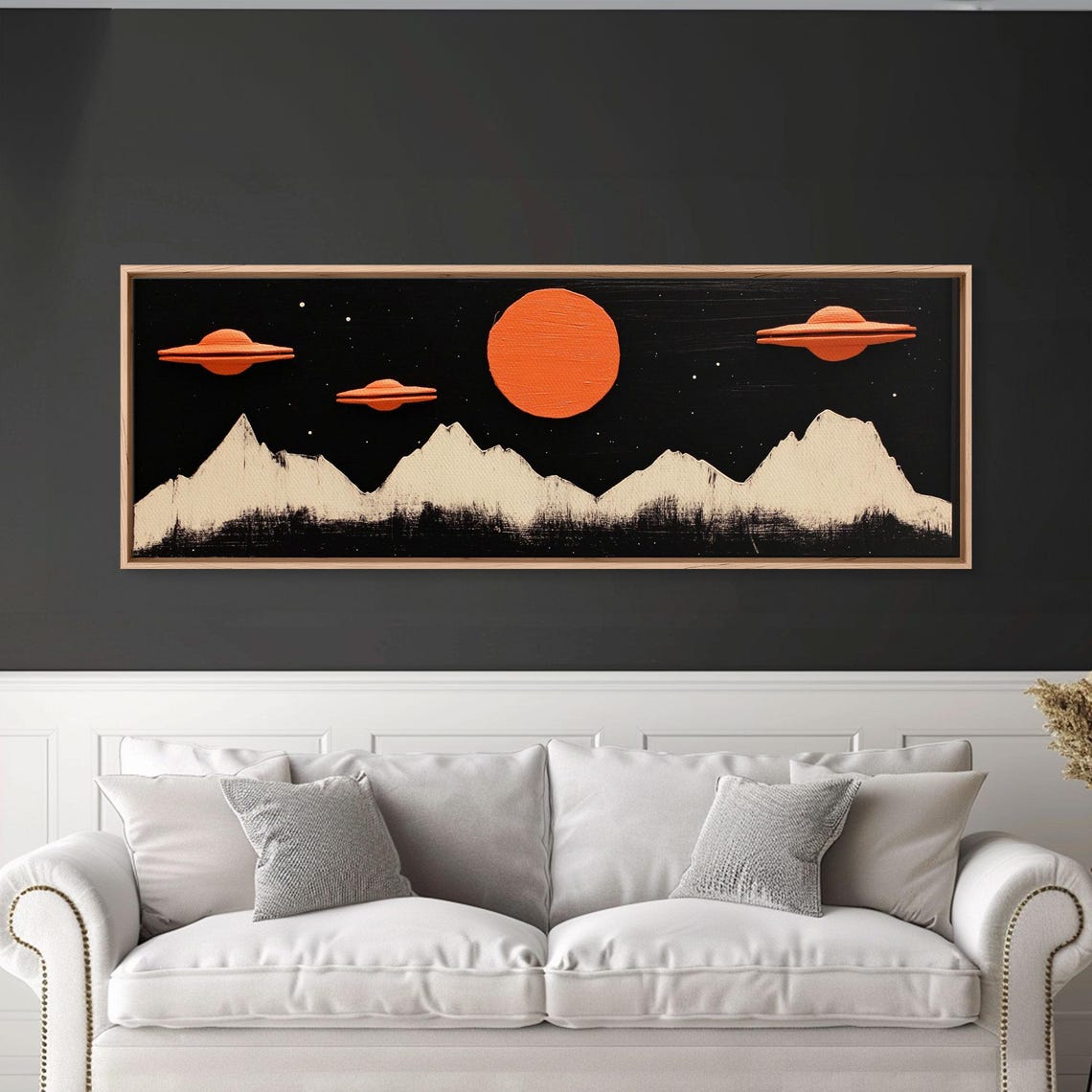 Cute Nursery Decor Boys Room Wall Art Panoramic Flying Saucers Or Ufos Art Print Framed