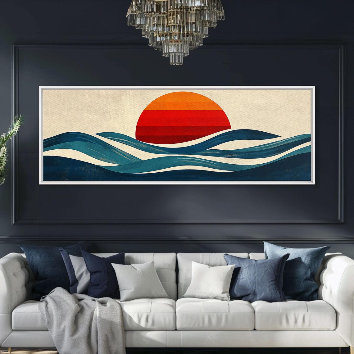 Retro Sunset Over Ocean Waves Teal Navy Vintage Style Travel Poster