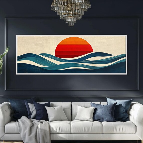 Retro Sunset Over Ocean Waves Teal Navy Vintage Style Travel Poster
