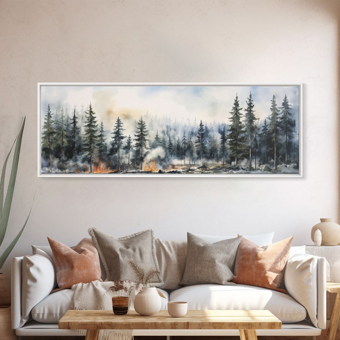 Forest Fire Watercolor Misty Tall Pine Trees Panoramic Print - Image 4