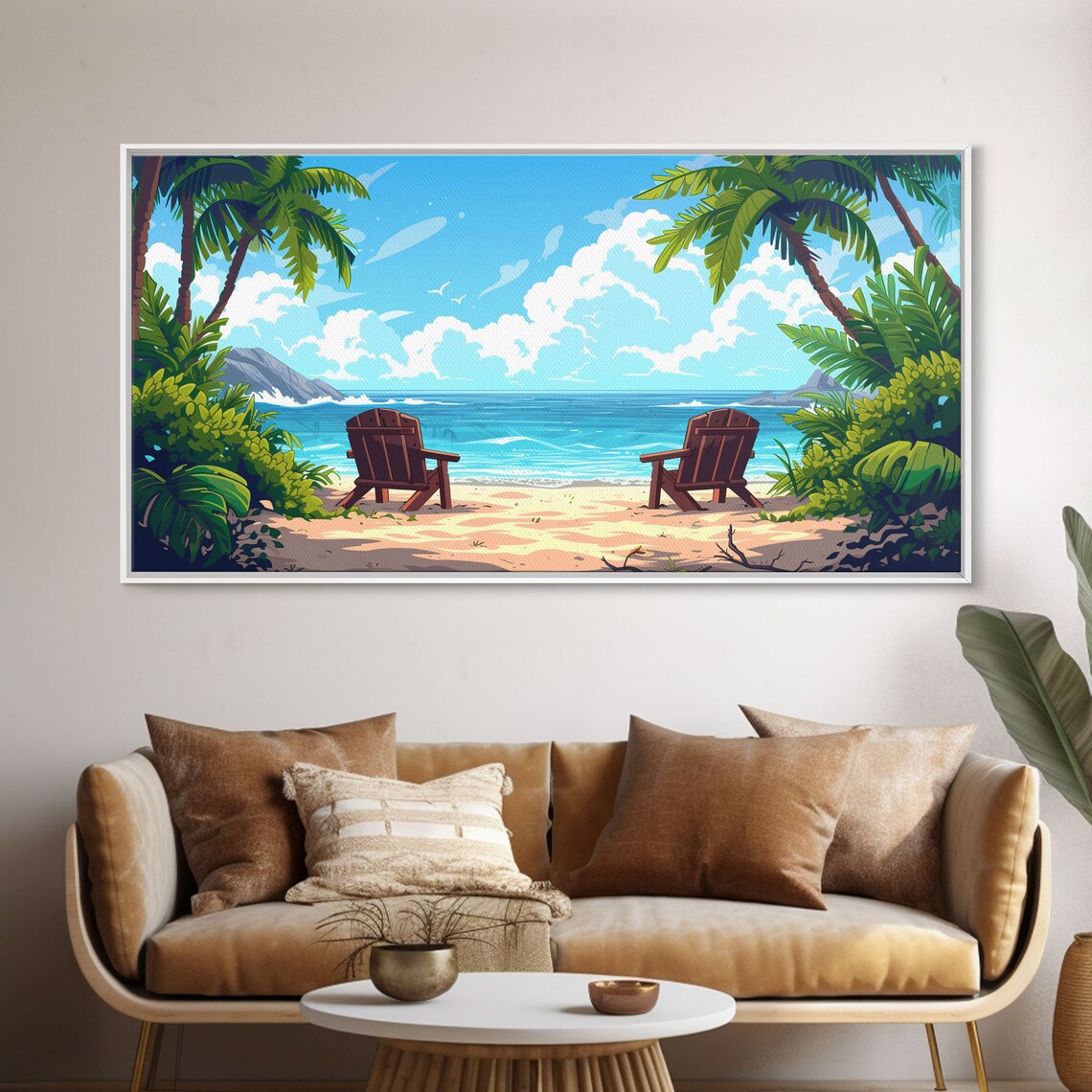 Tropical Beach Palm Trees Ocean Chairs Colorful Summer Poster