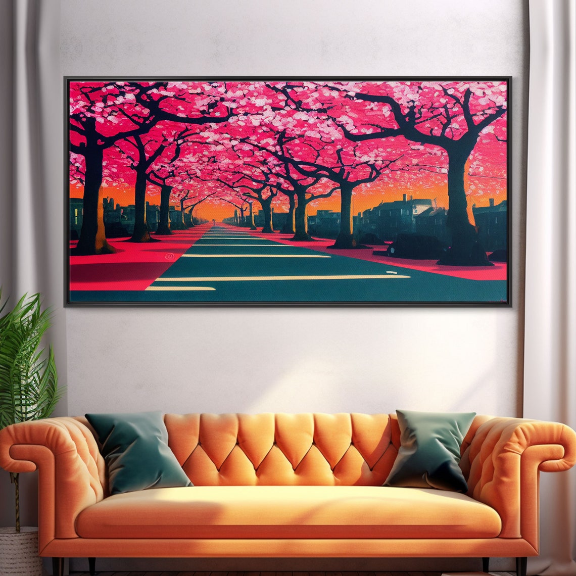 Cherry Blossom Street Pink Trees Sunset Avenue Panoramic Poster - Image 5