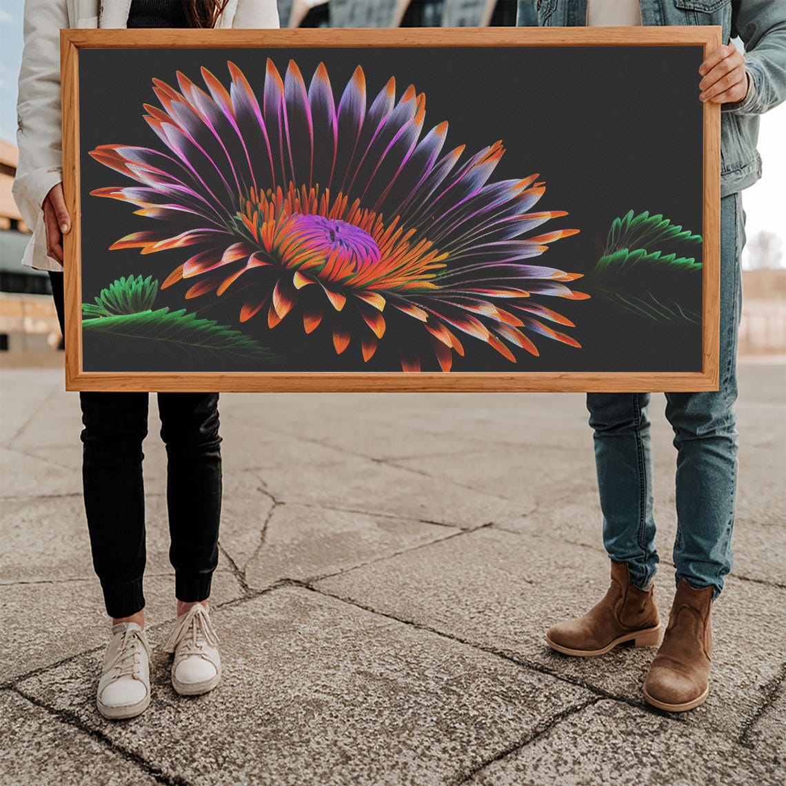 Neon Flower Blooming Dark Background Vibrant Botanical Art Wall Art - Image 5