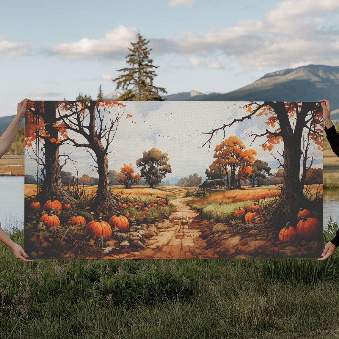 Autumn Pumpkin Patch Fall Harvest Landscape Rustic Country Wall Art Poster