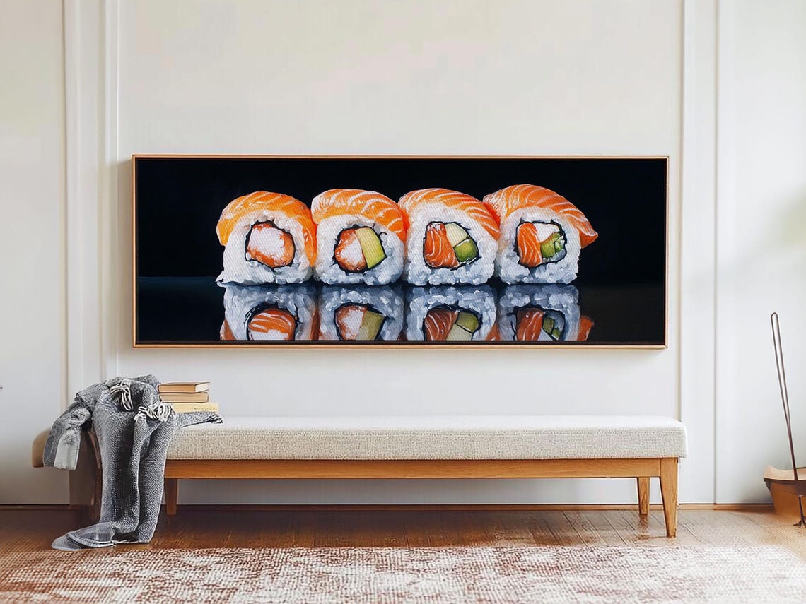 Salmon Sushi Rolls Row On Black Modern Kitchen Panoramic Art Poster