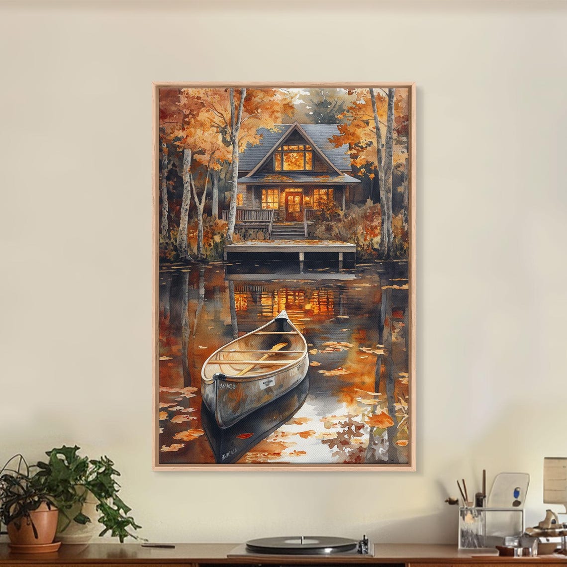 Autumn Lake House With Canoe On Water Golden Fall Reflections Poster - Image 5