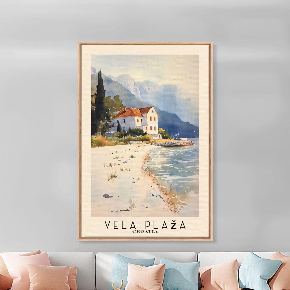 Vela Plaza Croatia Watercolor Beach And Mountain Coast Travel Poster - Image 2