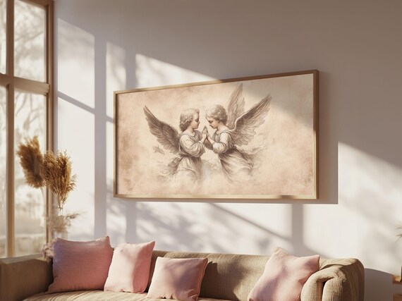 Guardian Angel Sketch Print Two Cherubs Praying Together Sepia Wall Art