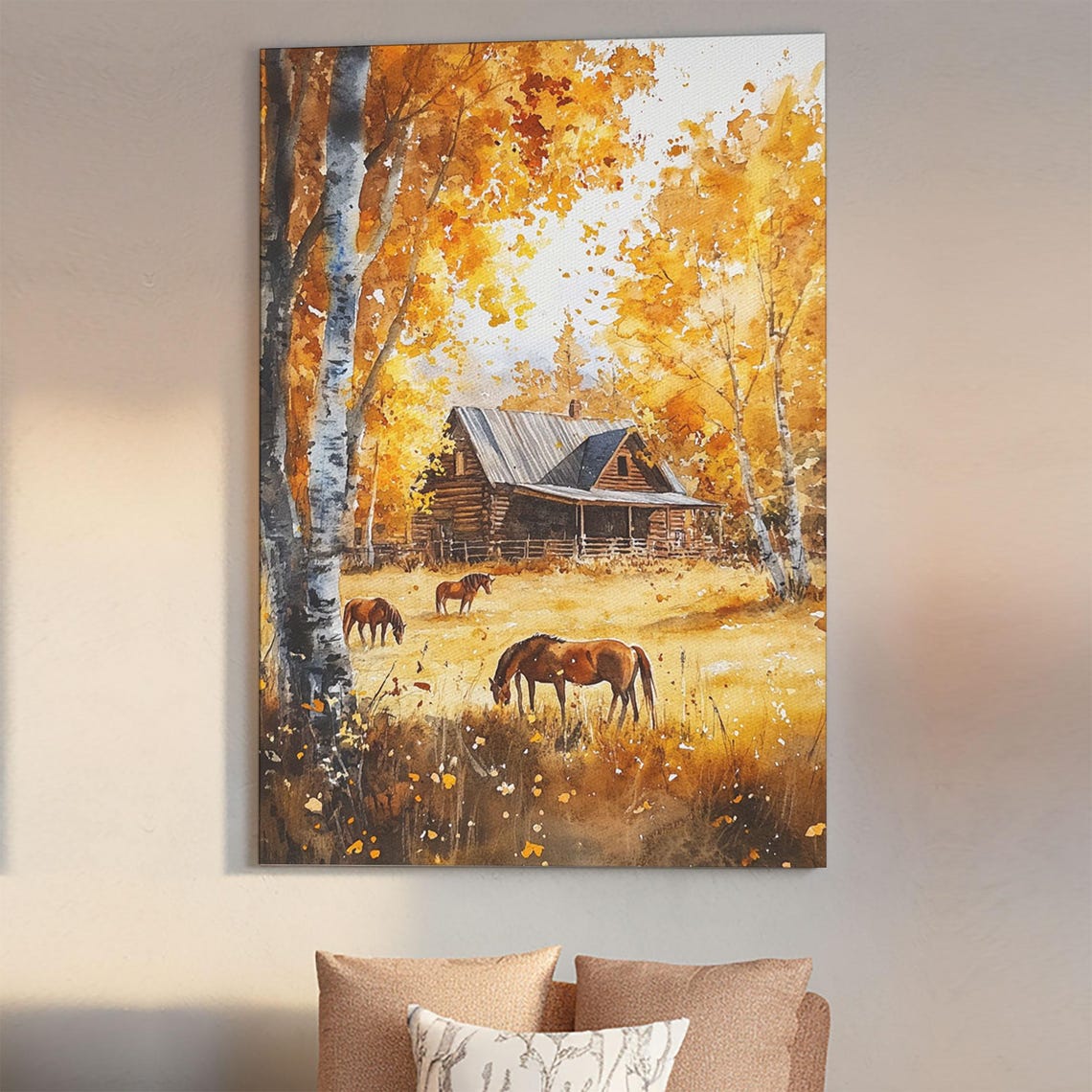 Log Cabin With Horses Grazing In Golden Autumn Woods Meadow Poster