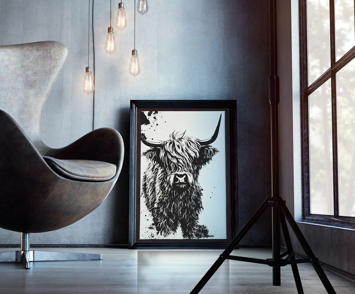 Highland Cow Sketch Ink Portrait Black White Shaggy Farm Poster