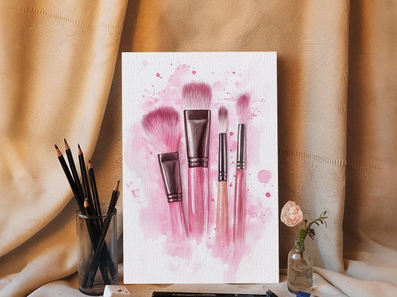 Framed Print Makeup Brush Painting Light Pink Wall Art Whimsical Feminine Artwork Cottagecore Home Decor Gift Idea Bedroom Art