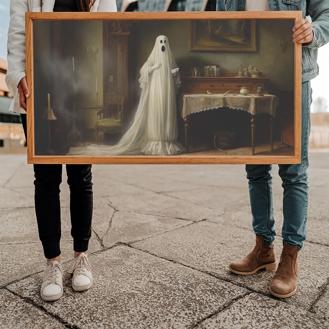 Friendly Sheet Ghost Haunting Victorian Parlour Oil Painting Print - Image 5