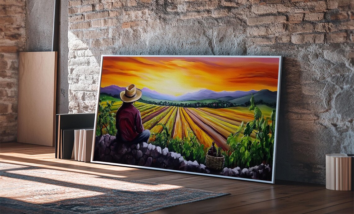 Farmer Straw Hat Overlooking Vineyard Rows Sunset Mexican Harvest Poster - Image 3