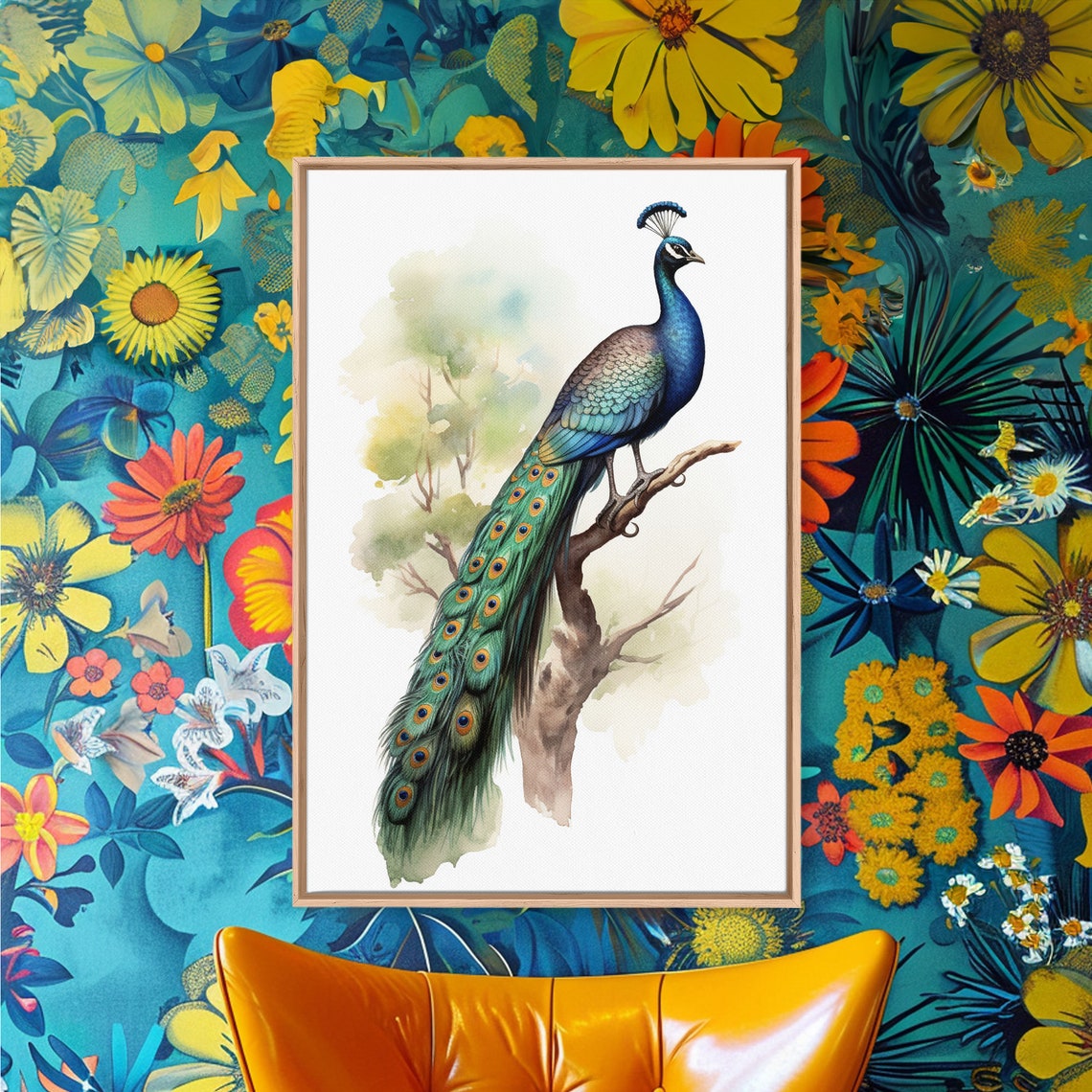 Peacock Perched On Branch Watercolor Elegant Bird Wall Art Poster - Image 3