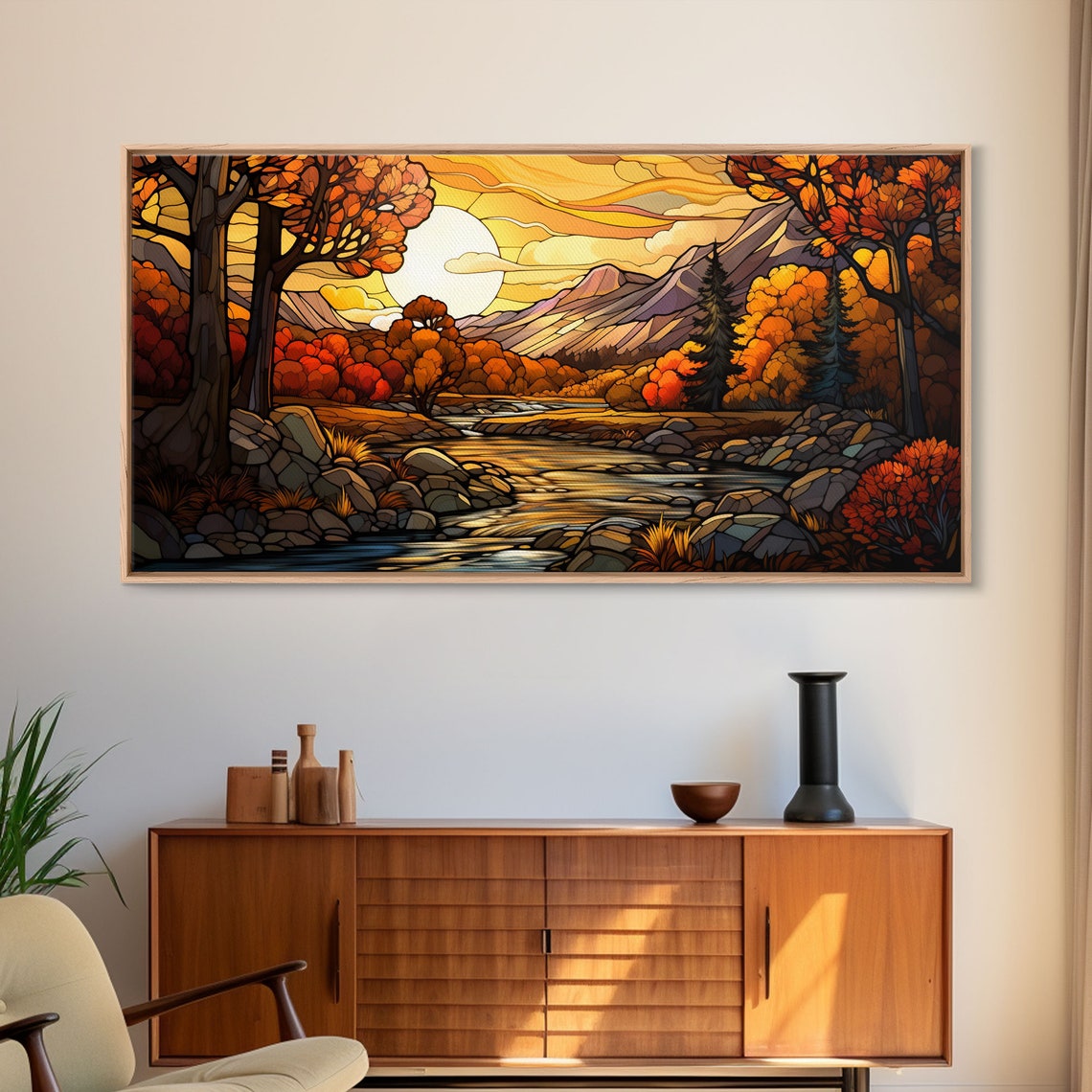 Stained Glass Autumn Mountain River Fall Trees Colorful Window Art - Image 6