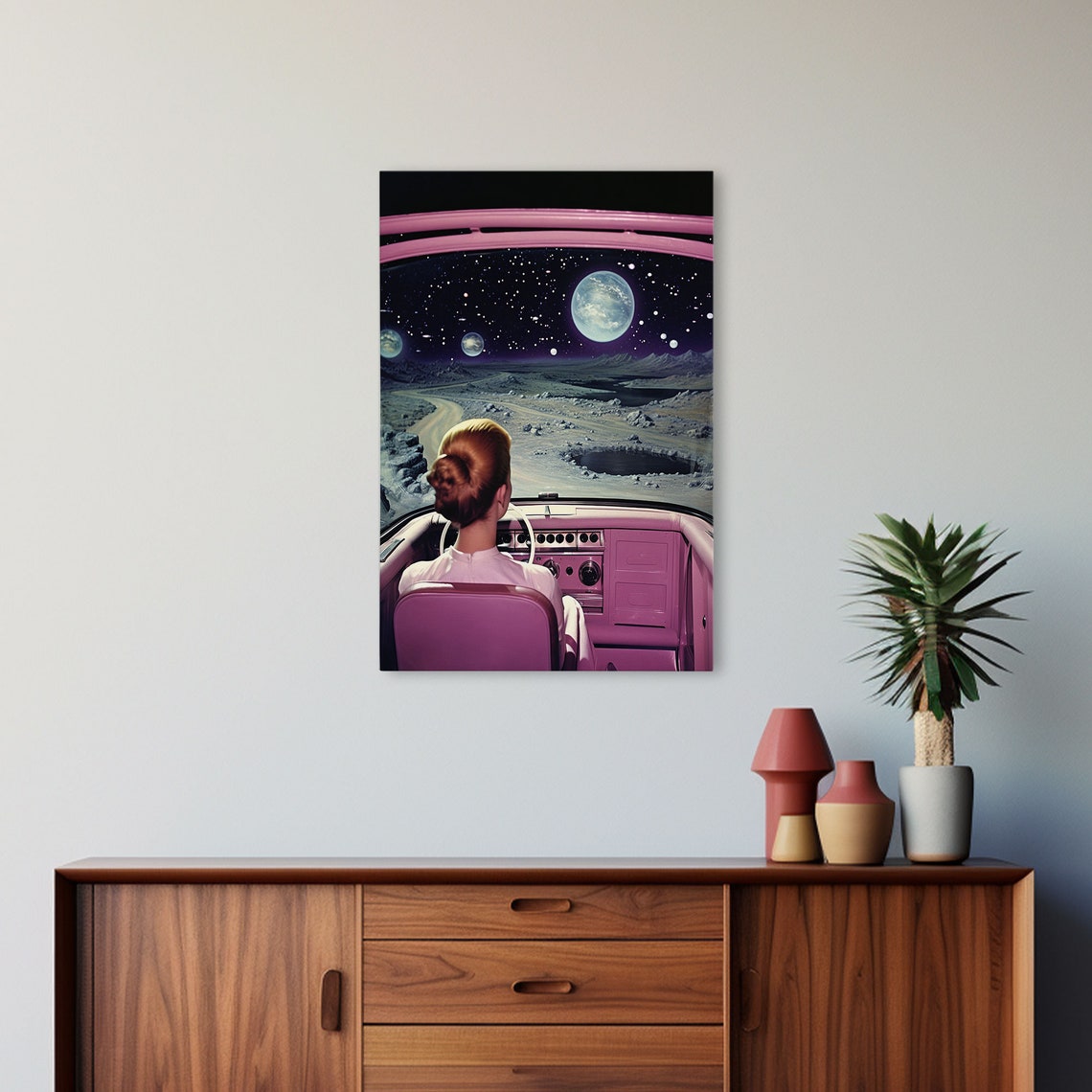 Retro 1950s Sci-Fi Woman Driving Pink Car Lunar Landscape Space Poster - Image 5