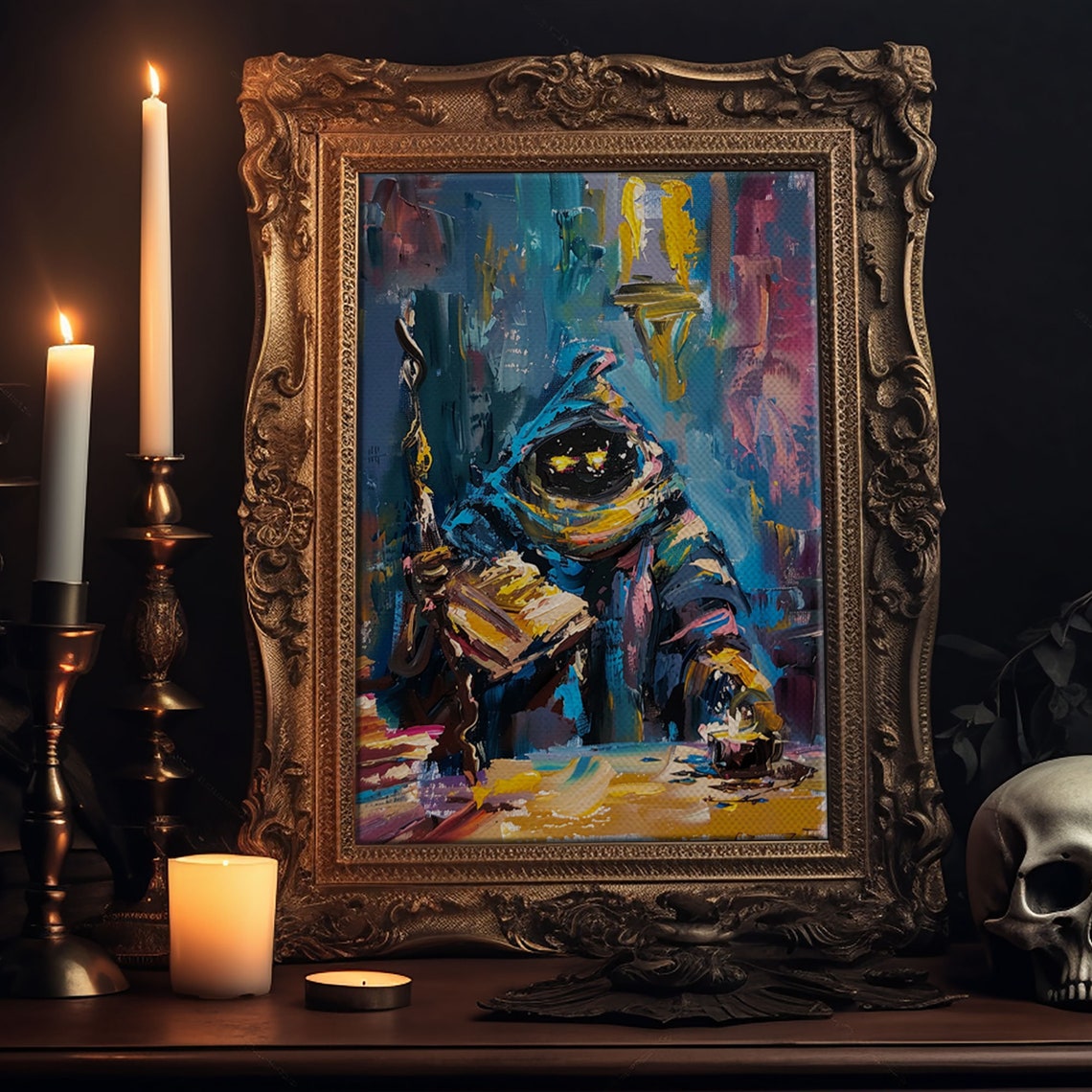 Dark Wizard Reading Spell Book Abstract Colorful Oil Style Art Poster - Image 6
