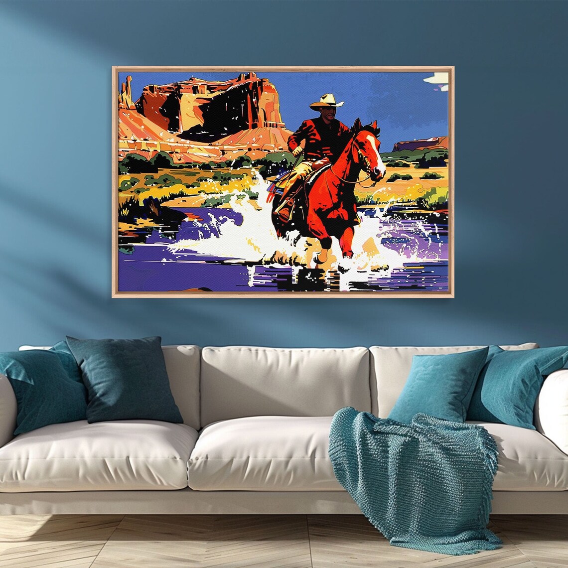 Cowboy Riding Red Horse Through River Canyon Pop Art Western Poster - Image 5