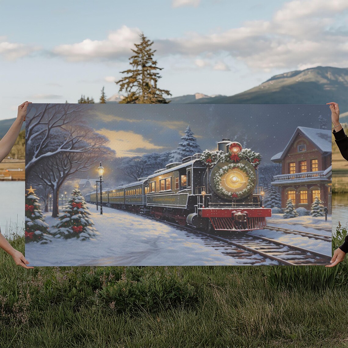 Christmas Steam Train With Wreath At Snowy Station Oil Painting Poster - Image 6