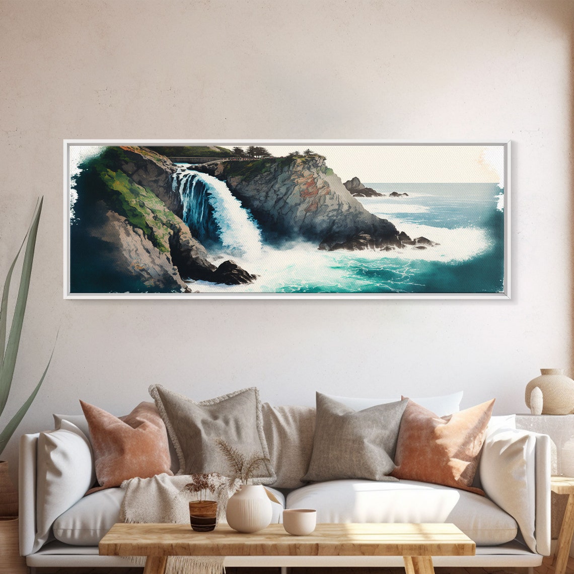 Panoramic Coastal Waterfall Rocky Cliff Ocean Waves Watercolor Poster - Image 5