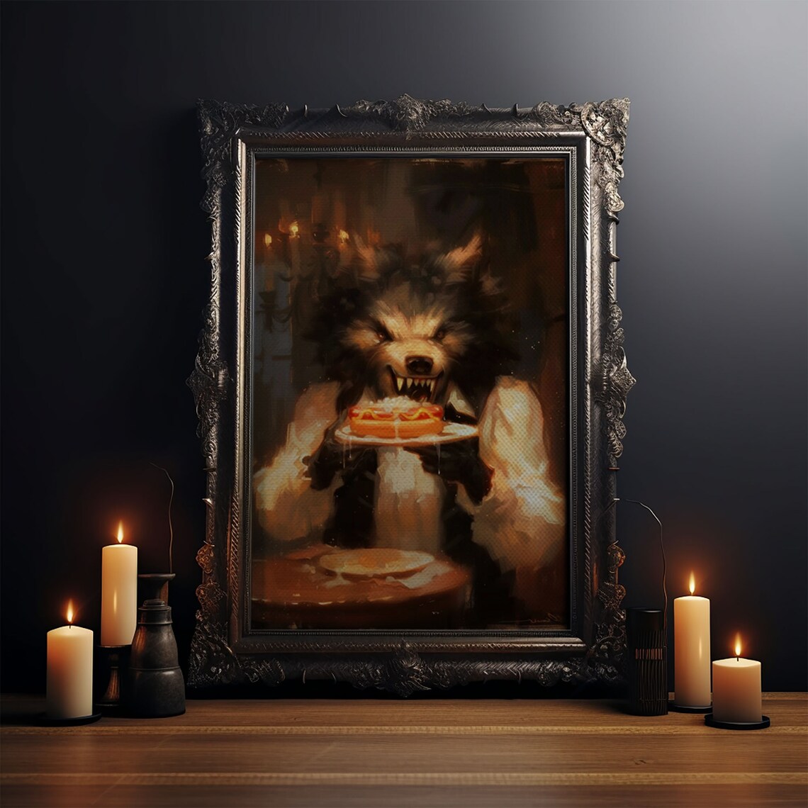 Werewolf Eating Hotdogs Candlelit Table Funny Halloween Art Poster - Image 3