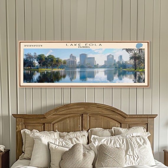 Lake Eola Florida Framed Print Lake House Decor Panoramic Wall Art Travel Poster Scenic Lake Painting Nature Art