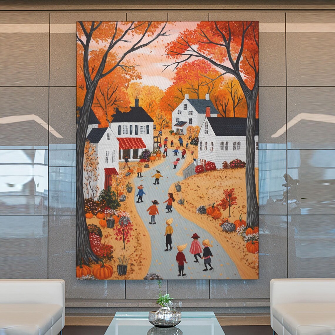 Autumn Village Folk Art With Children Pumpkins And Fall Foliage Poster - Image 4