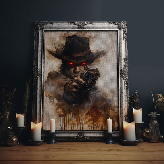 Haunting Cowboy Red Eyes Revolver Dark Western Gothic Art Poster