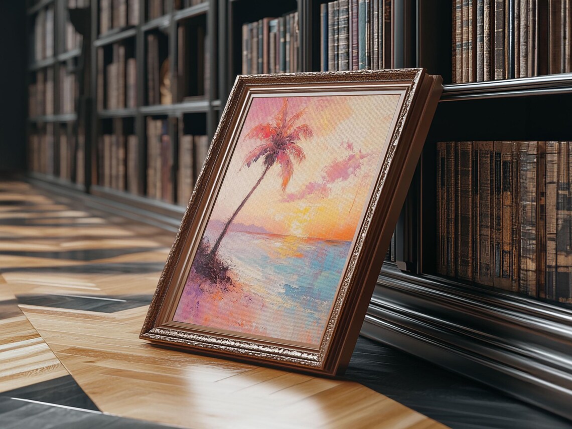 Beach Sunset Palm Tree Pastel Seascape Ocean Waves Coastal Oil Wall Art - Image 5