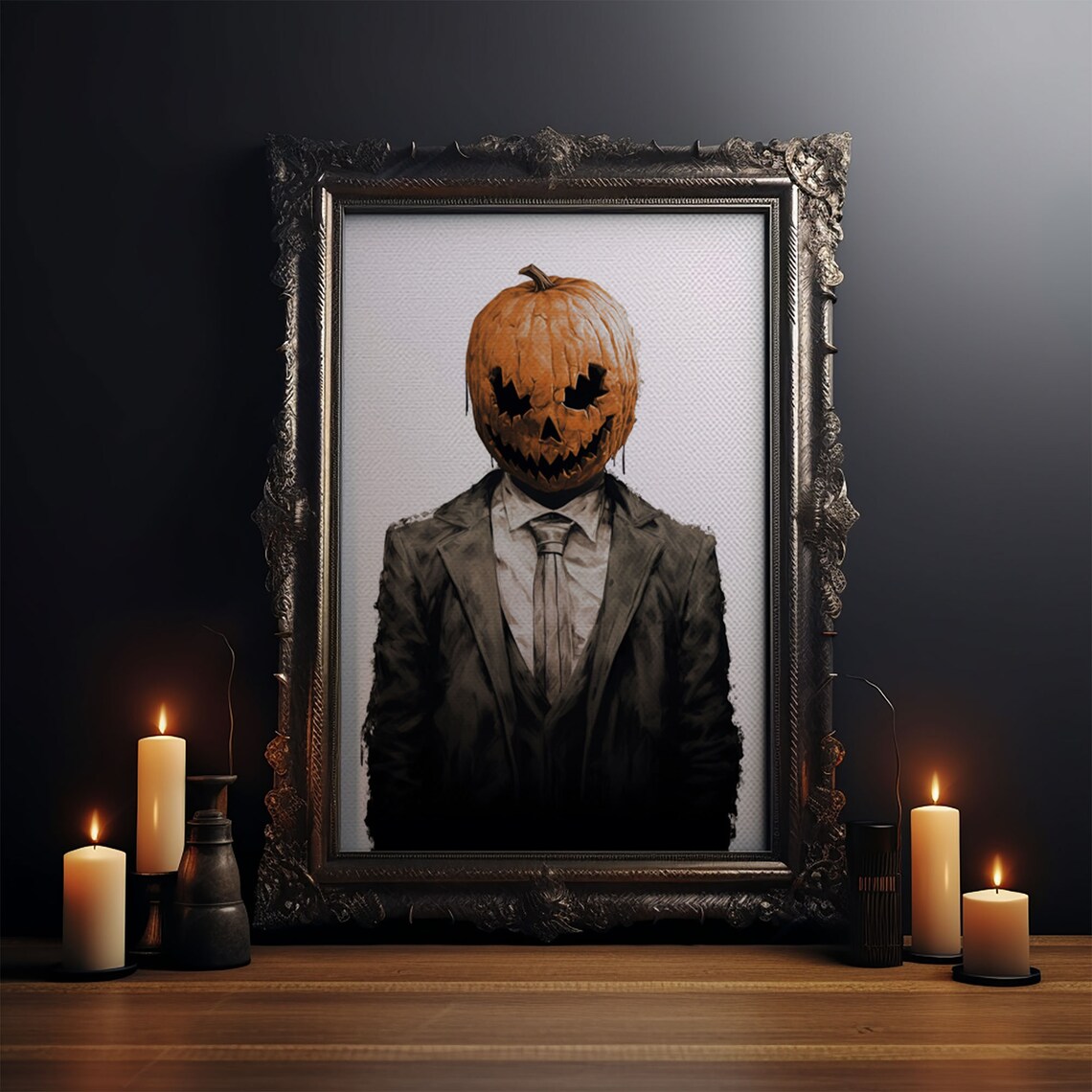 Jack O Lantern Head Man In Business Suit Vintage Halloween Portrait Print - Image 3