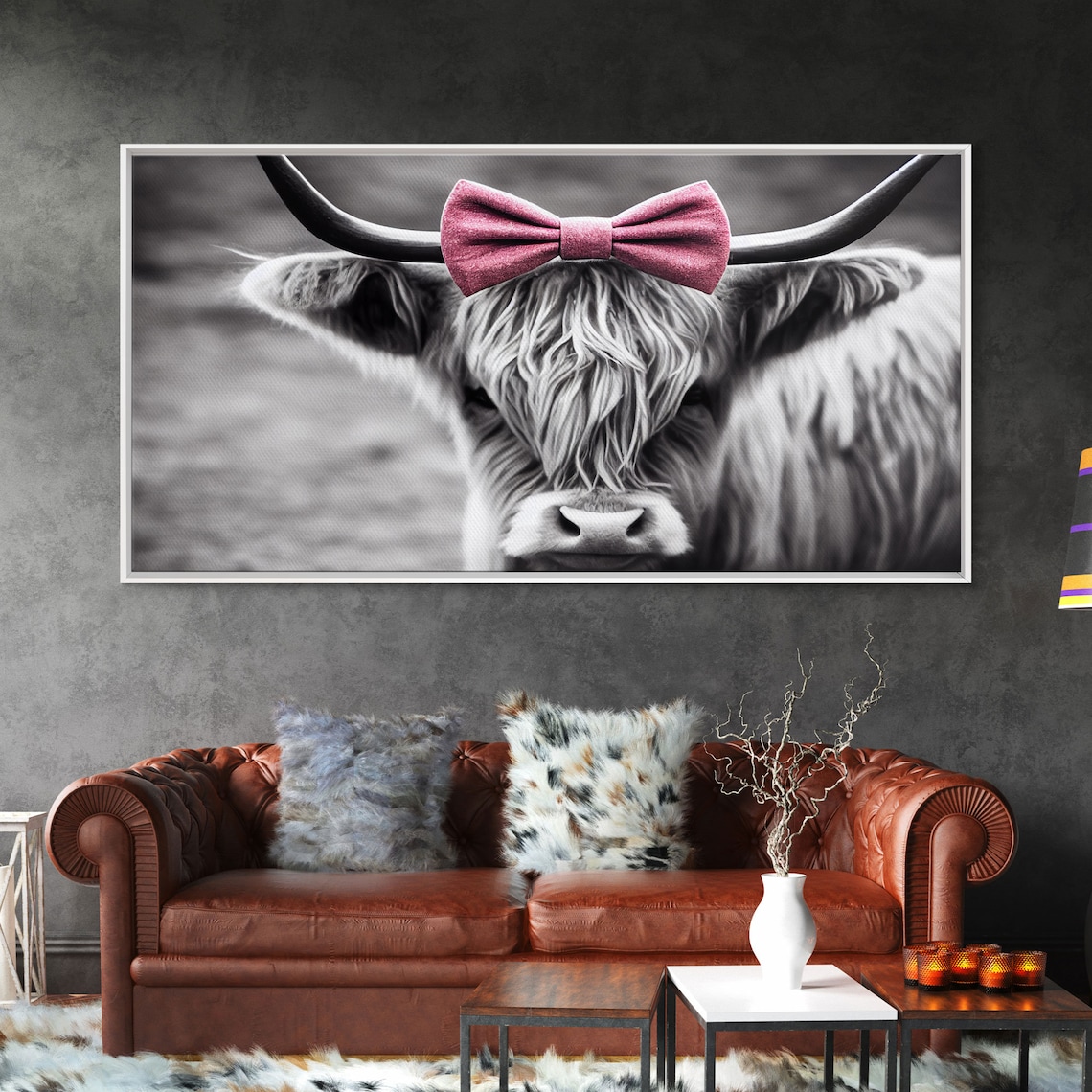 Highland Cattle Black & White Art Print, Rustic Cow