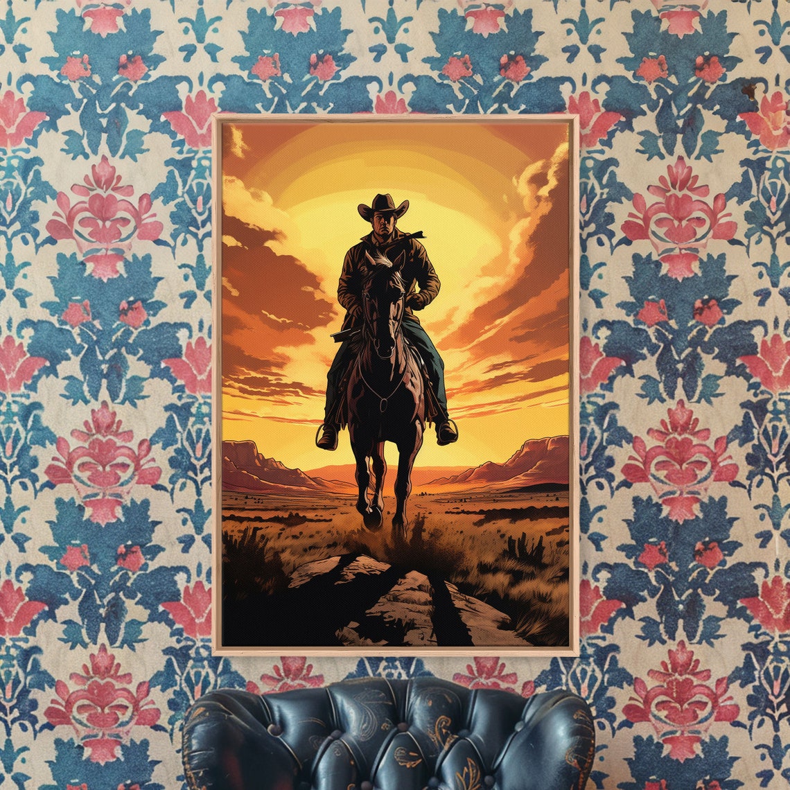 Cowboy Riding Toward Sunset Golden Plains Wild West Art Poster - Image 5