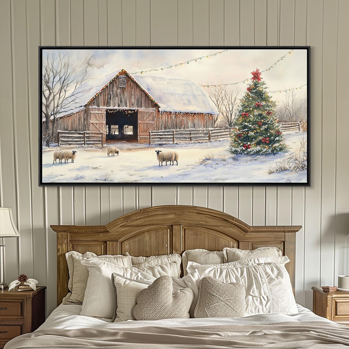 Christmas Barn and Sheep, Rustic Farmhouse Art Print