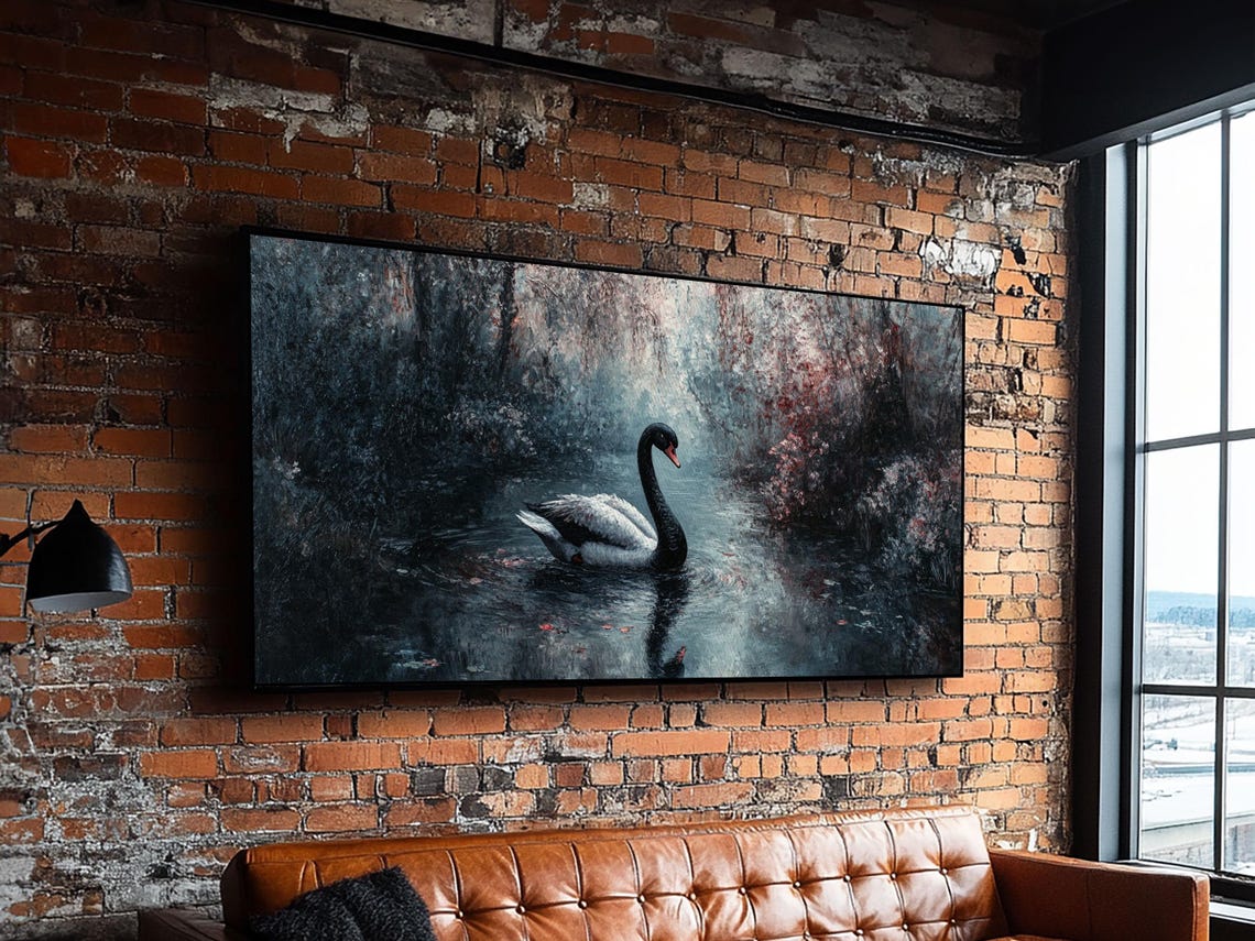 Dark Academia Black Swan Painting Misty Lake Gothic Romantic Art Print - Image 5