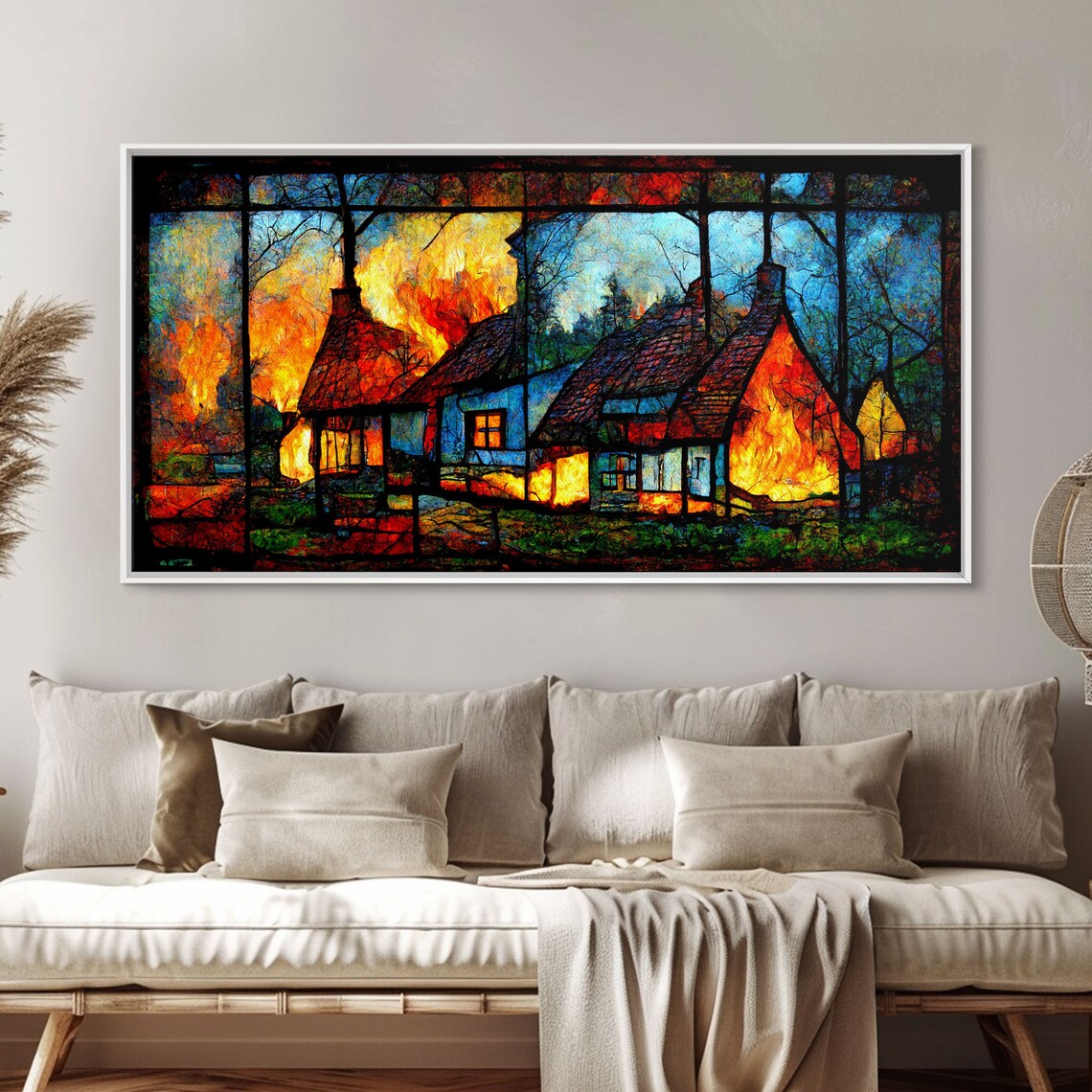 Stained Glass Cottage On Fire Print, Rustic Wall Art - Image 3