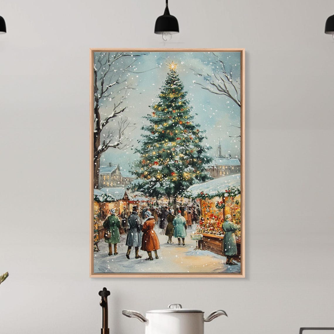 Snowy Christmas Market Tree With Decorated Stalls Night Poster - Image 2