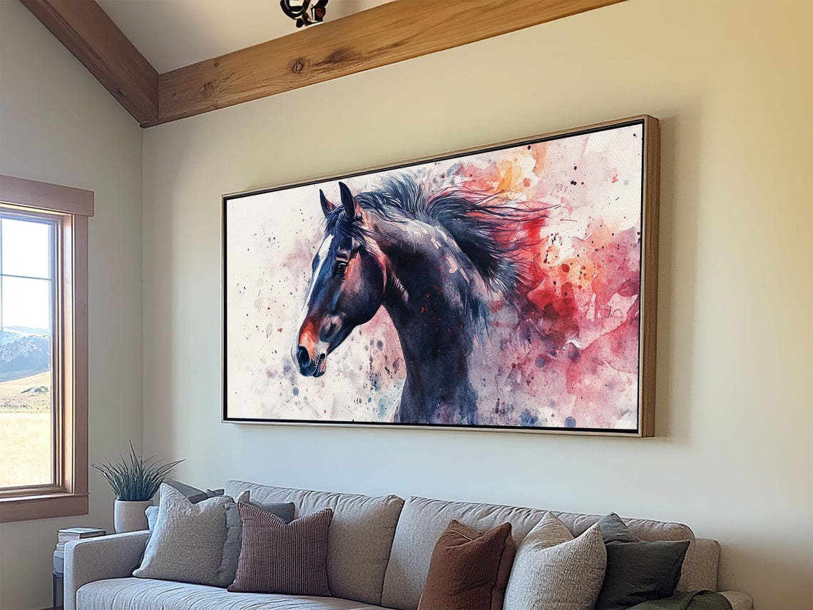 Dark Horse Head Watercolor Splash Equestrian Art Rustic Wall Poster - Image 4