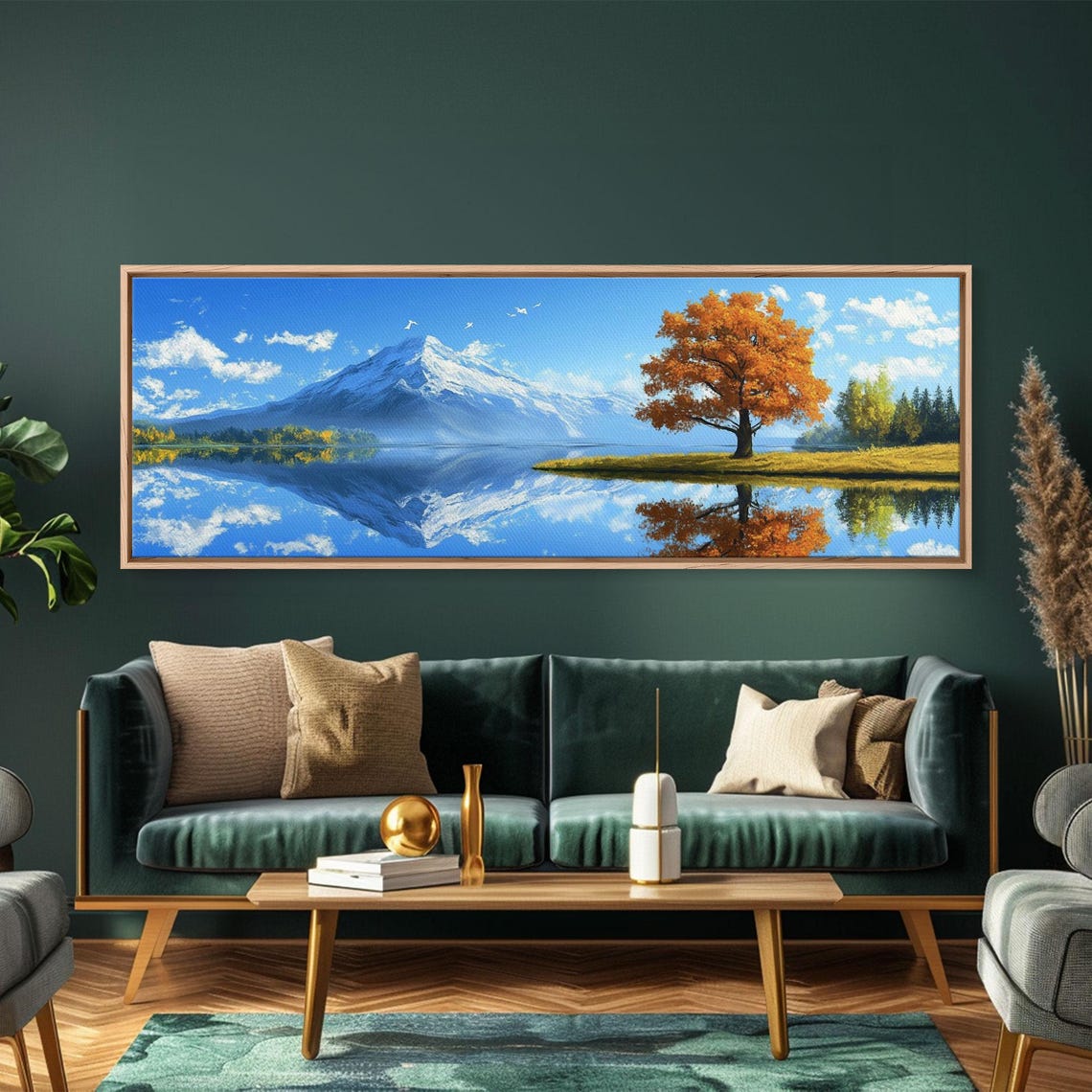 Large Framed Landscape Art Reflections In The Lake Panoramic Landscape Painting Framed Print Wall Art