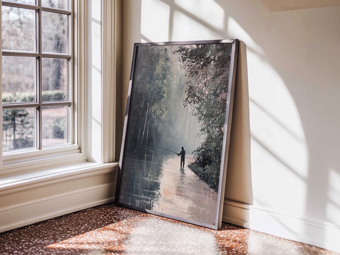 Fly Fisherman Silhouette On Misty Forest River Painting Wall Art