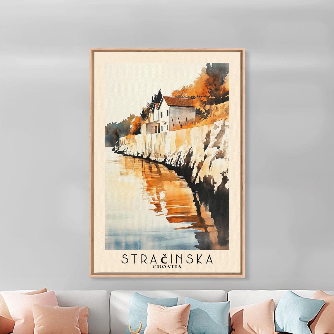 Stracinska Croatia Cliff Houses Golden Water Reflection Poster - Image 2
