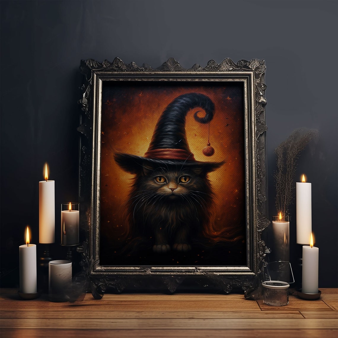 Black Cat Familiar In Tall Witch Hat Fiery Orange Halloween Print - Image 5