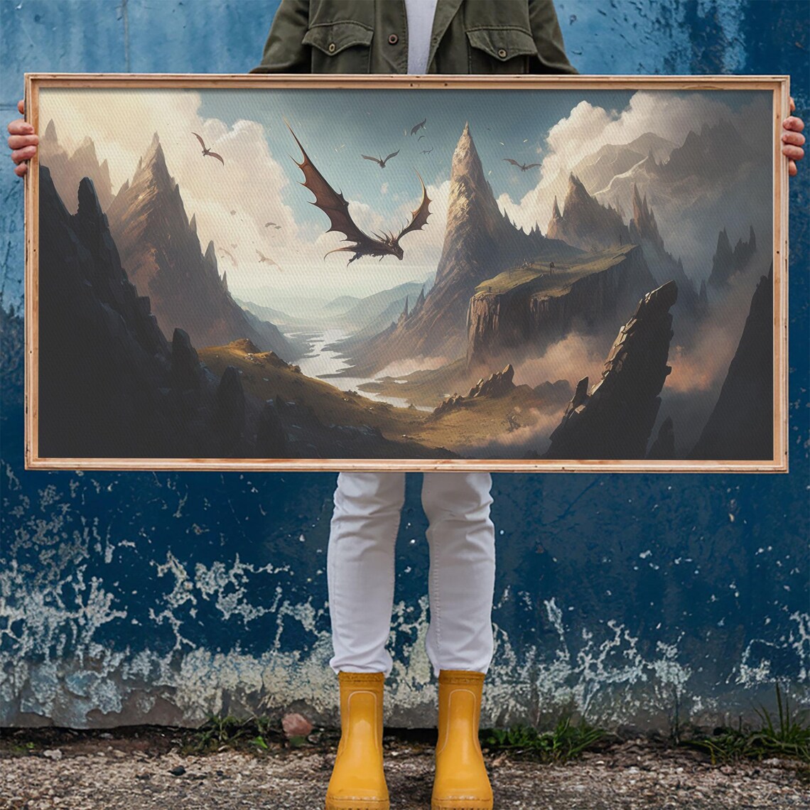 Dragons Flying Over Mountain Valley Epic Medieval Fantasy Landscape Poster - Image 6