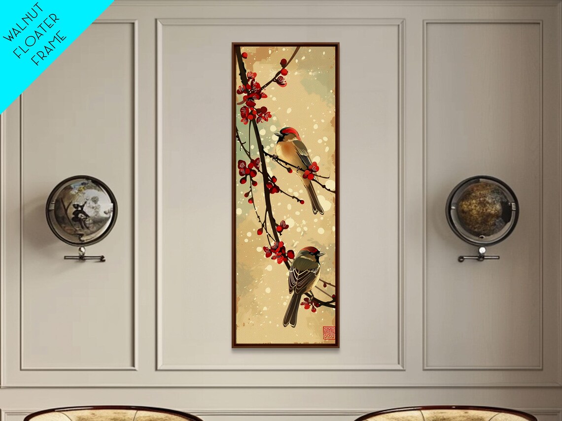 Pair Of Songbirds Cherry Blossoms Winter Snowfall Tall Art Print - Image 4