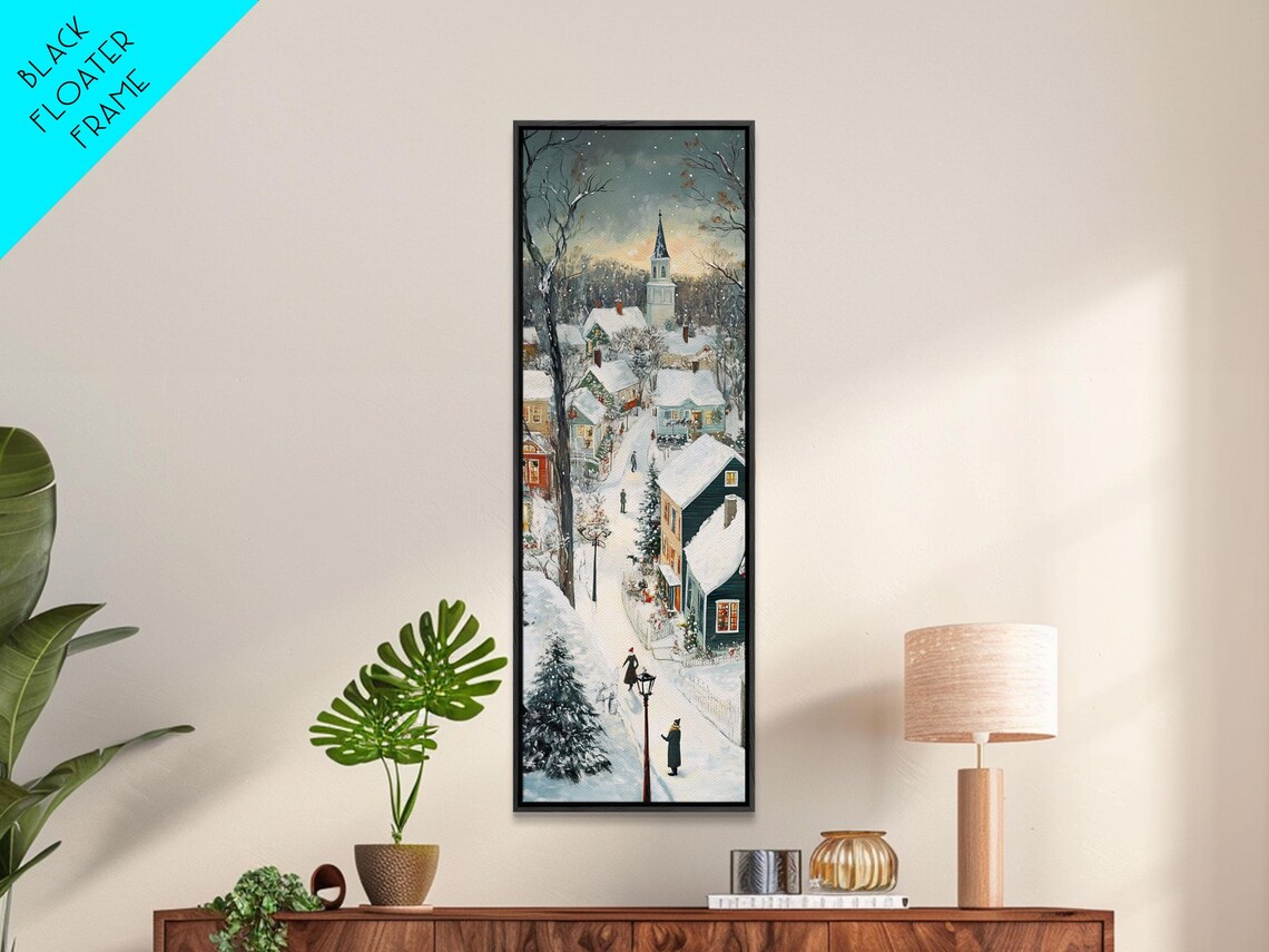Snowy Village Street At Dusk With Church And Lampposts Poster - Image 6