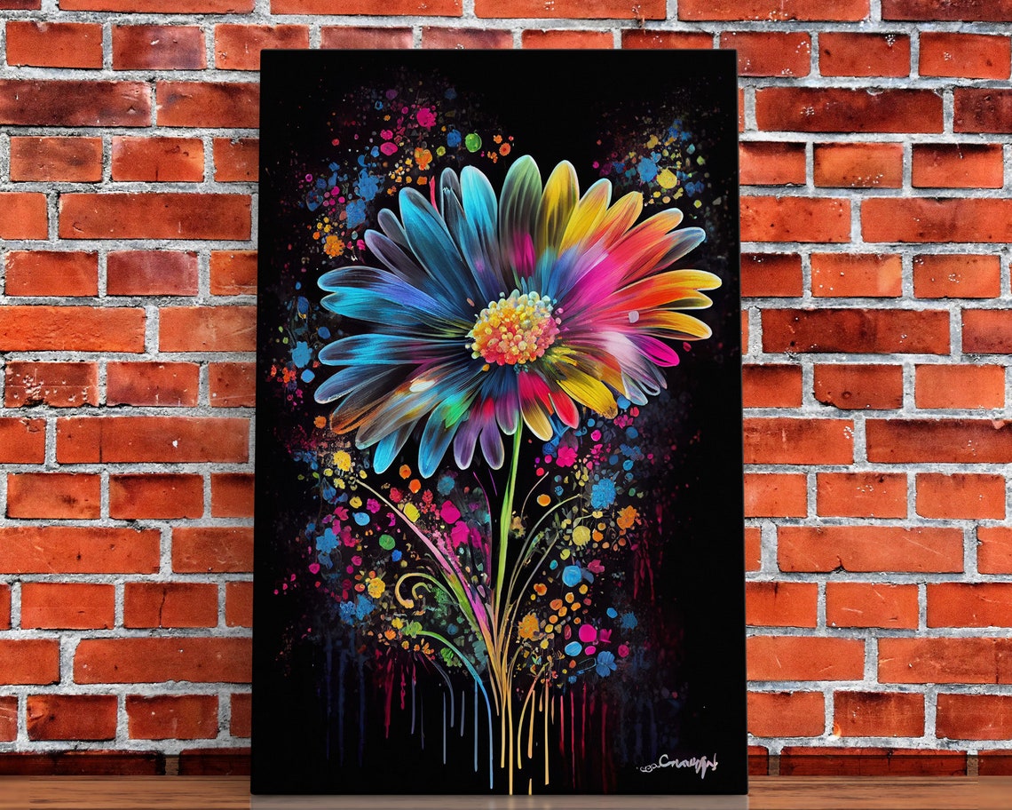Neon Rainbow Daisy Flower Graffiti Splatter Black Background Poster - Image 3